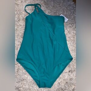Lands' End Vibrant Teal One Shoulder One Piece Swimsuit. Size medium 10/12 NWT